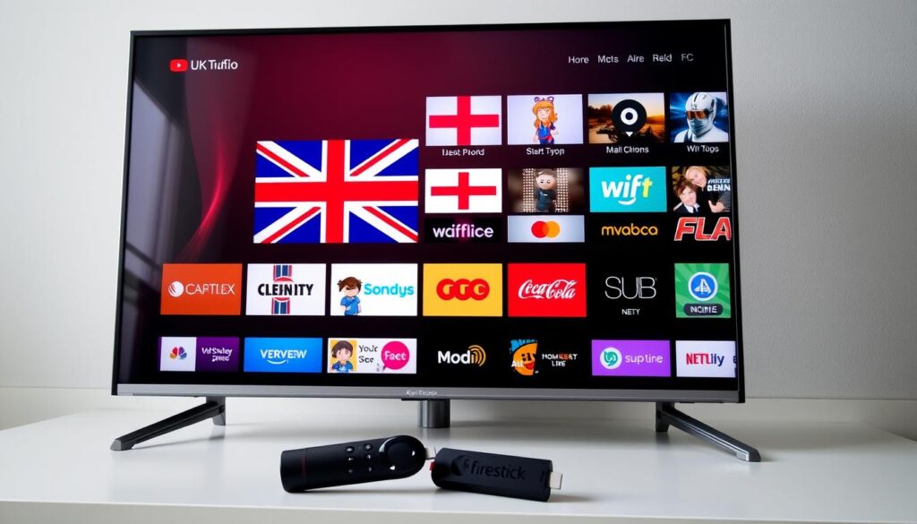 Generate an image of a UK TV screen displaying various British channels with a Firestick remote control.