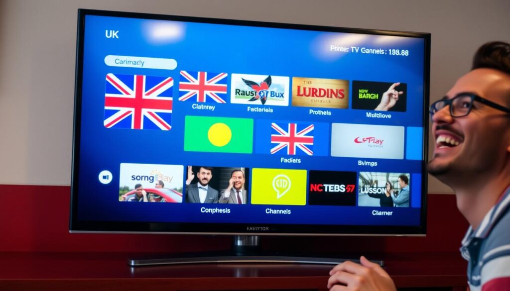 Generate an image of a UK TV screen displaying various British channels with a satisfied customer in the background.