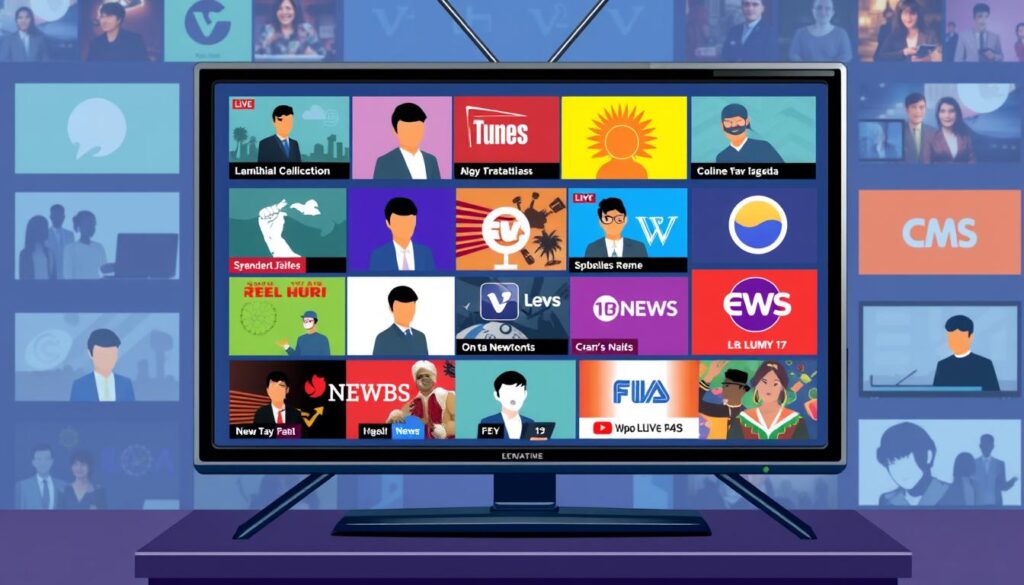 Generate an image of a diverse TV screen displaying various news and entertainment channels.