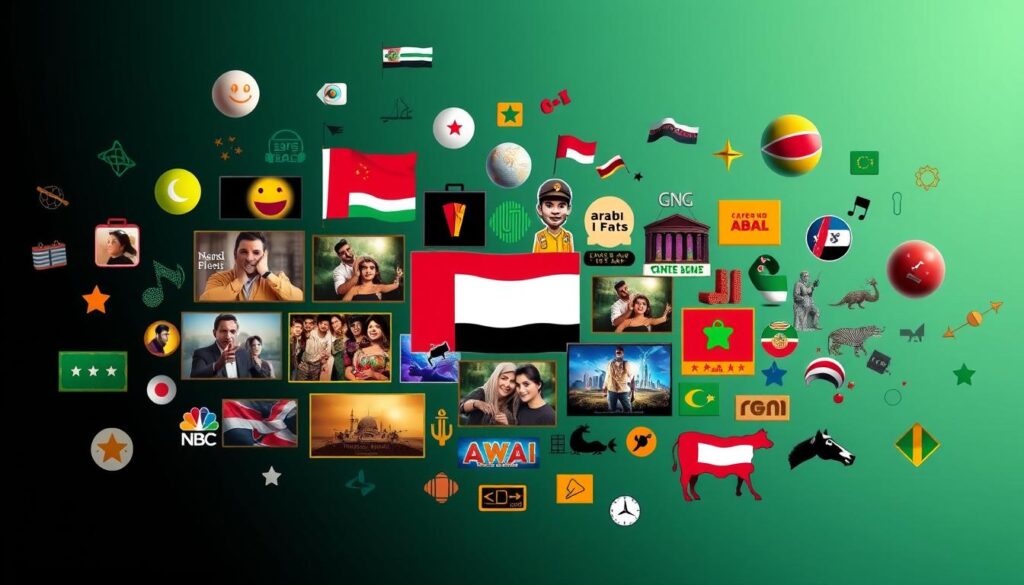 Generate an image of a diverse collection of Arab TV channels and entertainment content