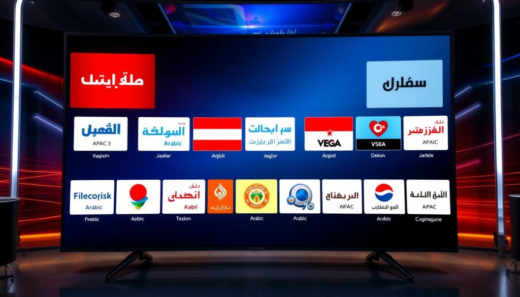 Generate an image of a diverse grid of Arabic TV channels on a screen.