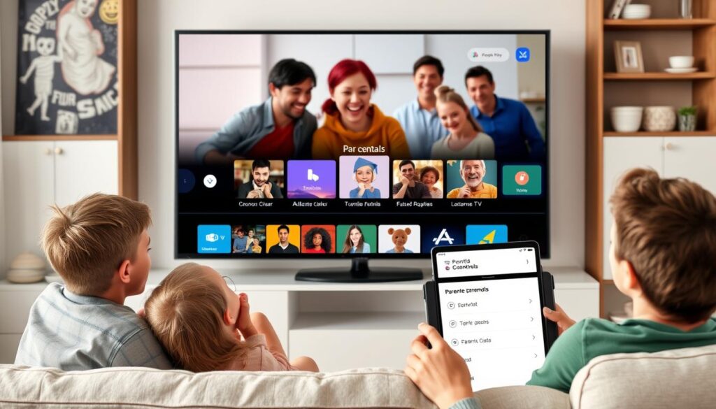 Generate an image of a family enjoying their favorite TV shows on different devices with a parental control interface on the screen.