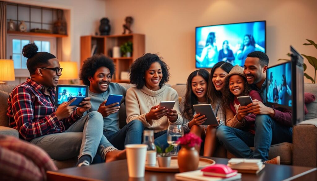 Generate an image of a family enjoying their favorite TV shows together on multiple devices using IPTV Smarters Pro.