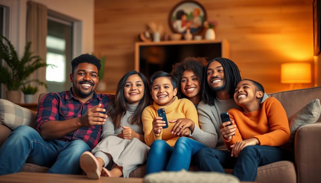 Generate an image of a family watching TV together with a Firestick remote control.