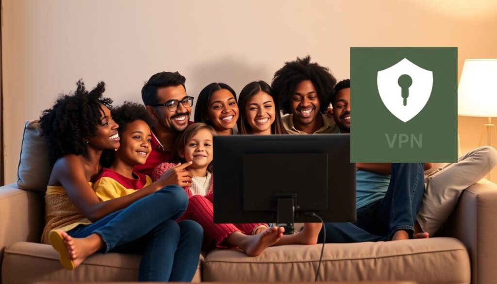 Generate an image of a family watching TV together with a VPN icon overlay