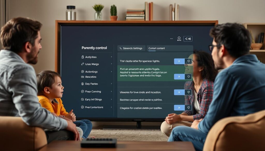 Generate an image of a family watching TV together with a parental control interface on the screen.