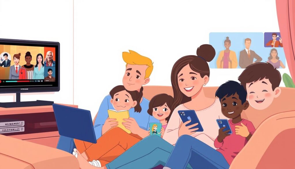 Generate an image of a family watching different TV shows on various devices simultaneously.
