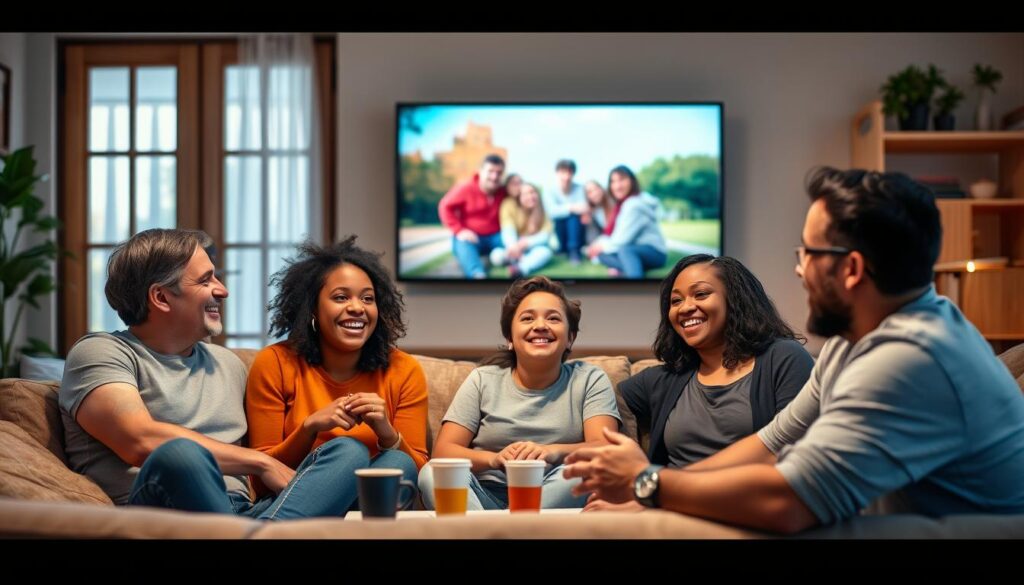Generate an image of a family watching their favorite TV show together on CatchON TV.