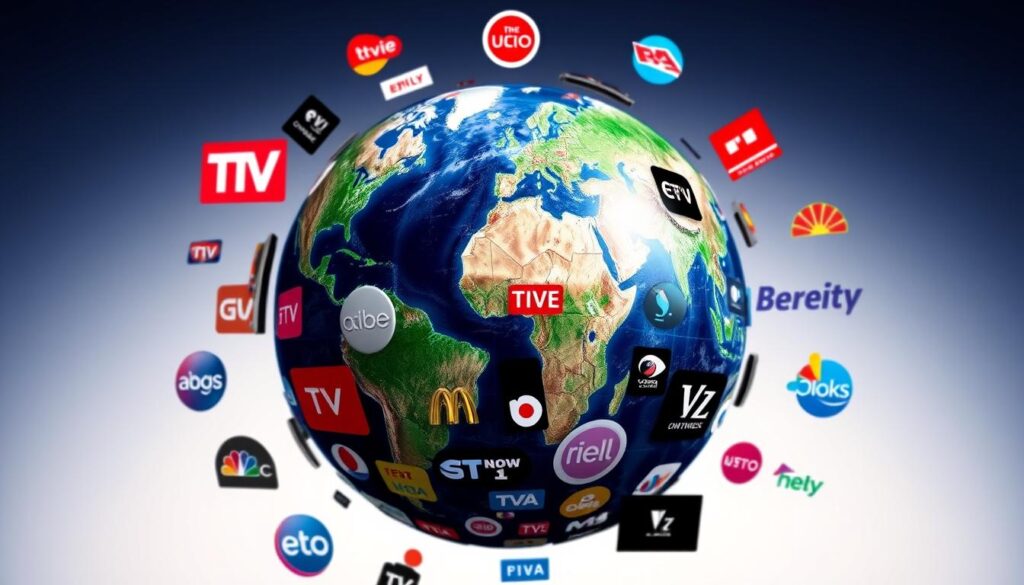 Générer une image d'un globe entouré de diverses chaînes de télévision