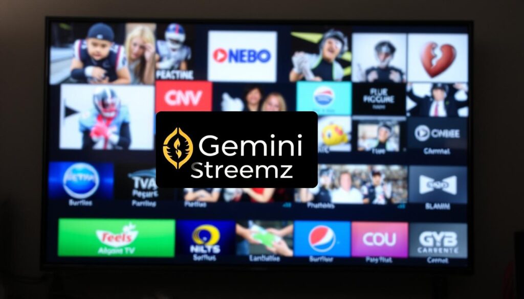 Generate an image of a high-definition TV screen showing various channels with a "Gemini Streamz IPTV" logo.