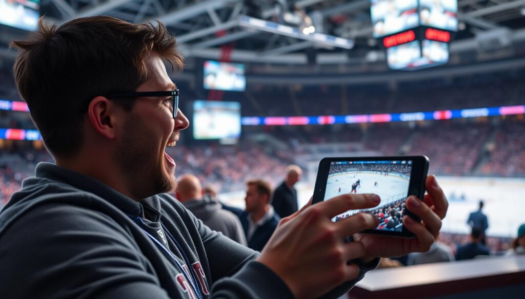 Generate an image of a hockey fan enjoying a game on multiple devices with Trevix Play.