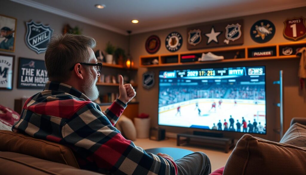 Generate an image of a hockey fan watching a live NHL game on their TV with IPTV streaming