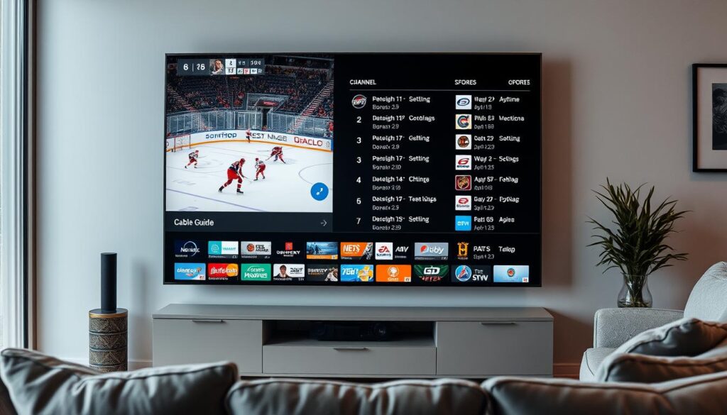 Generate an image of a hockey game being streamed on a TV with a vast channel lineup in the background.