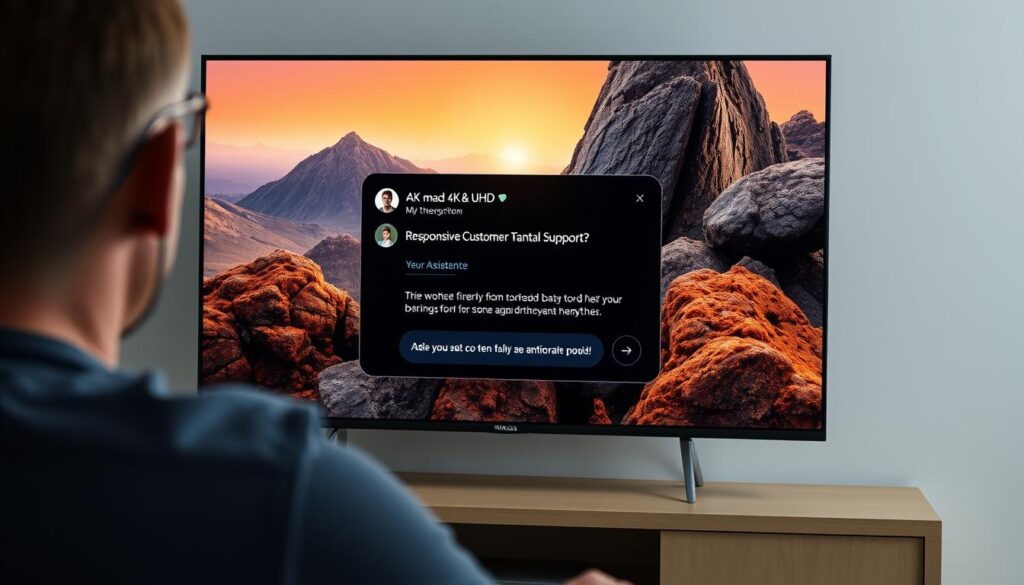 Generate an image of a person accessing 4K and 8K UHD content on their TV with a responsive customer support chat window on the screen.