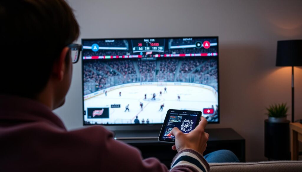 Generate an image of a person accessing pay-per-view NHL events on VocoTV.