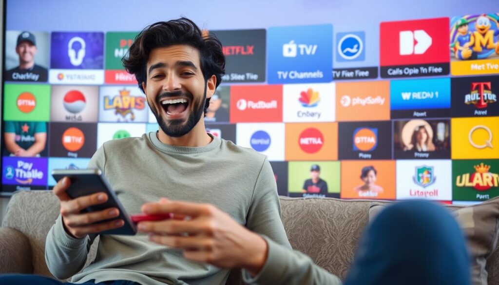 Generate an image of a person browsing through a vast selection of TV channels on their device, with a look of excitement and discovery.