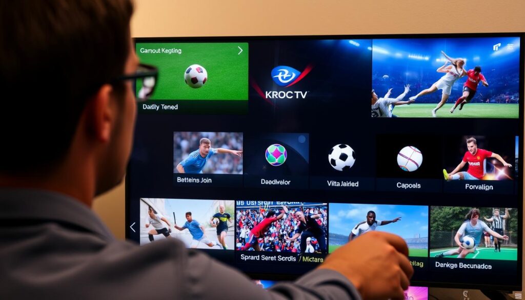 Generate an image of a person easily navigating through various sports channels on Krooz TV.