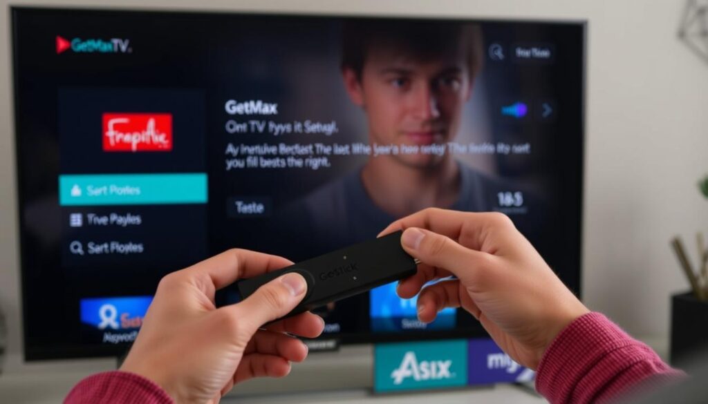 Generate an image of a person easily setting up GetMaxTV on their Firestick device.