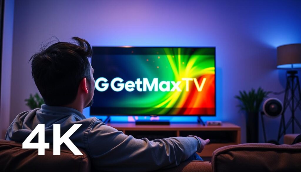 Generate an image of a person enjoying 4K content on their TV via GetMaxTV.