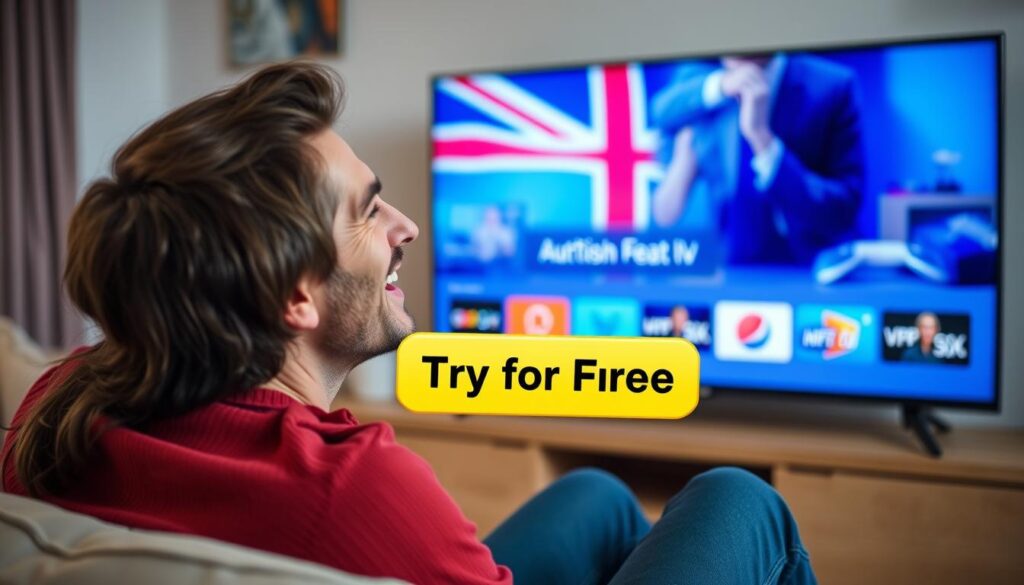 Generate an image of a person enjoying British IPTV on their TV with a "Try for Free" button overlay.
