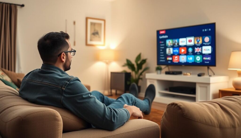 Generate an image of a person enjoying British channels on their TV via GetMaxTV IPTV service.