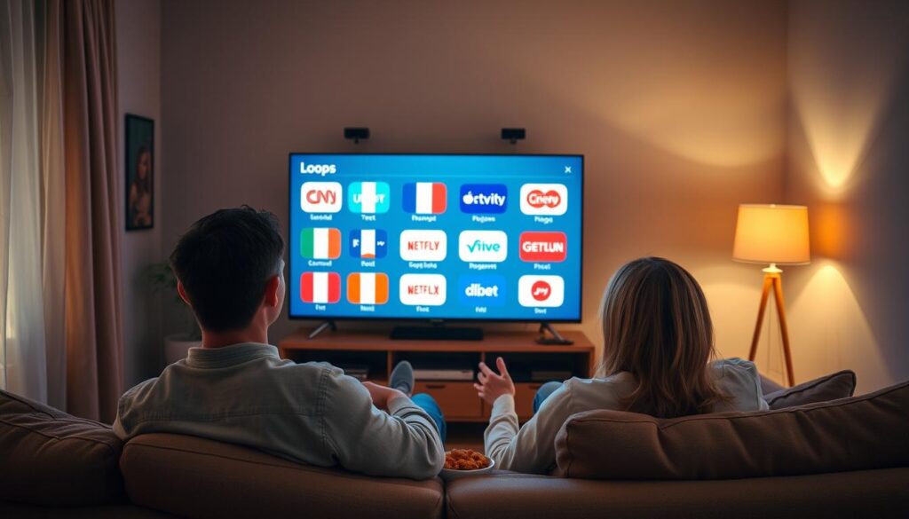 Generate an image of a person enjoying French channels on their TV via Loops IPTV