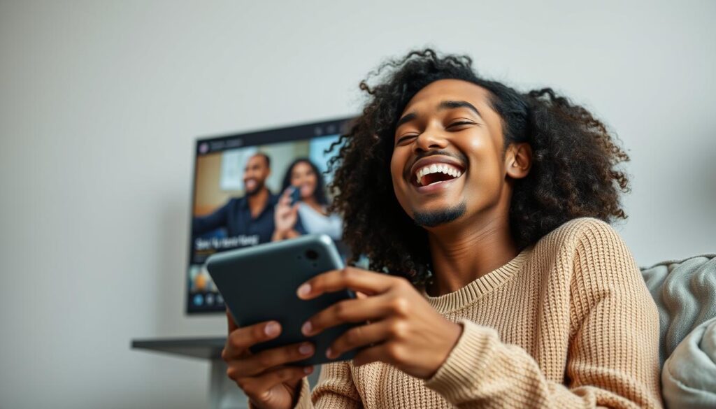 Generate an image of a person enjoying a buffer-free streaming experience on their device, with a look of satisfaction.