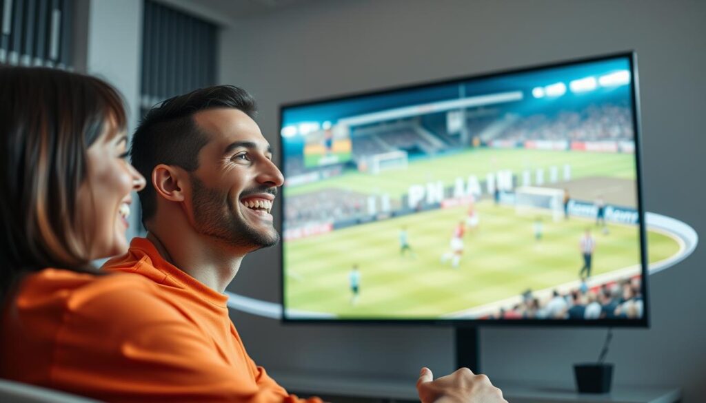 Generate an image of a person enjoying a sports event on a large screen with a stable and fast internet connection indicated on the screen.