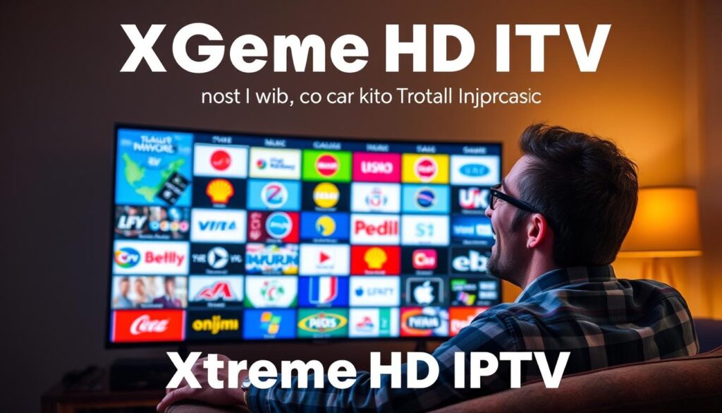 Generate an image of a person enjoying a vast array of international channels on their TV with Xtreme HD IPTV.