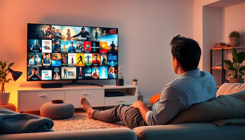 Generate an image of a person enjoying a vast collection of TV shows and movies on their TV.
