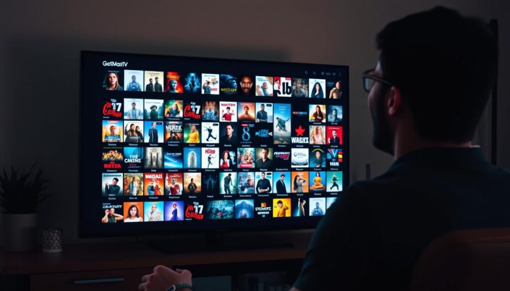 Generate an image of a person enjoying a vast movie collection on their TV with GetMaxTV.