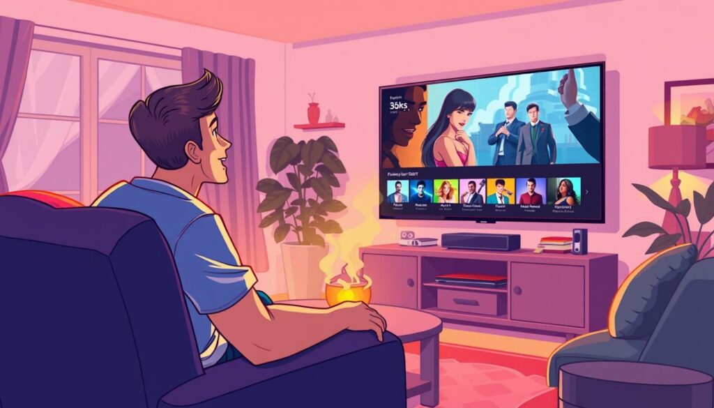Generate an image of a person enjoying premium IPTV adult channels on a large screen TV.