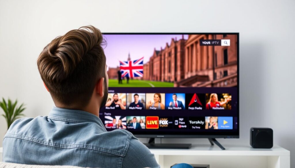 Generate an image of a person enjoying their favorite British TV show on a smart TV using Your-IPTV service.