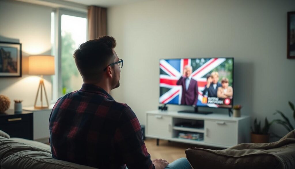 Generate an image of a person enjoying their favorite British TV show on a smart TV using FRIXPLAY IPTV service.