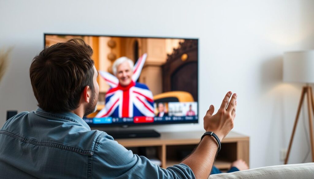 Generate an image of a person enjoying their favorite British TV show on a smart TV using IPTV.