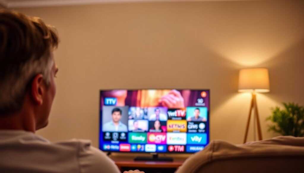 Generate an image of a person enjoying their favorite ITV show on a Smart TV via GetMaxTV IPTV service.