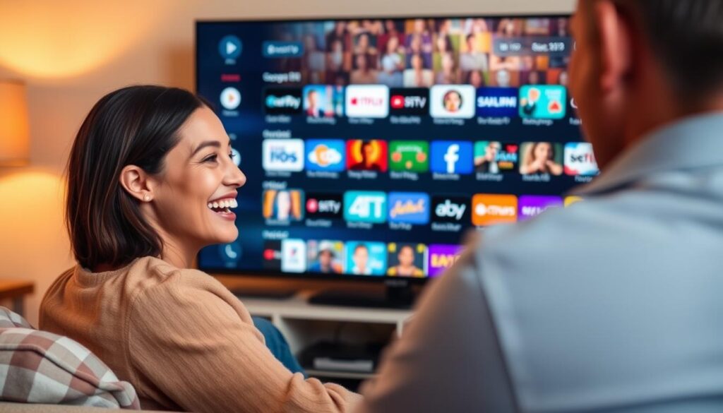 Generate an image of a person enjoying their favorite TV show on CatchON TV with a variety of channels displayed on the screen.