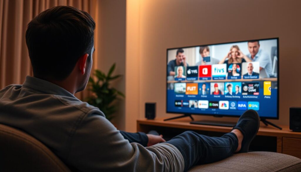 Generate an image of a person enjoying their favorite TV show on IPTVAnubis with a vast channel selection on the screen.