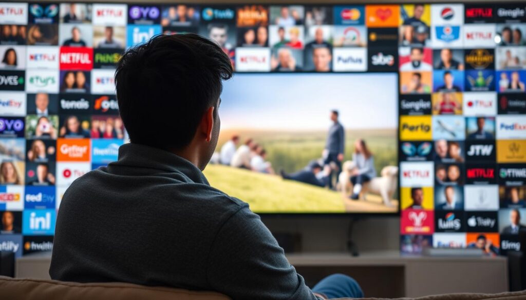 Generate an image of a person enjoying their favorite TV show on IPTVAnubis with a vast library of channels in the background.