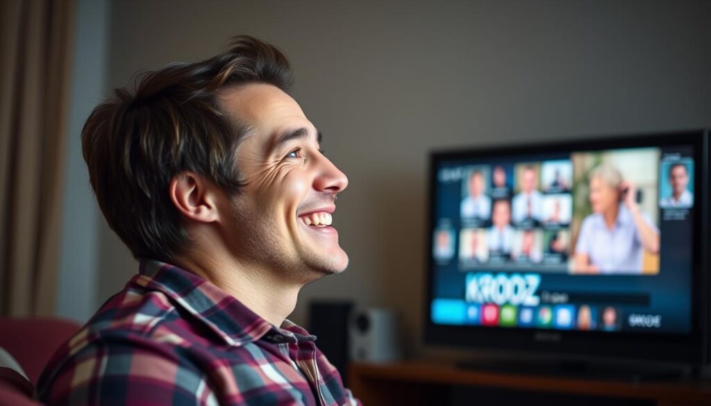 Generate an image of a person enjoying their favorite TV show on KROOZ TV with a satisfied expression.
