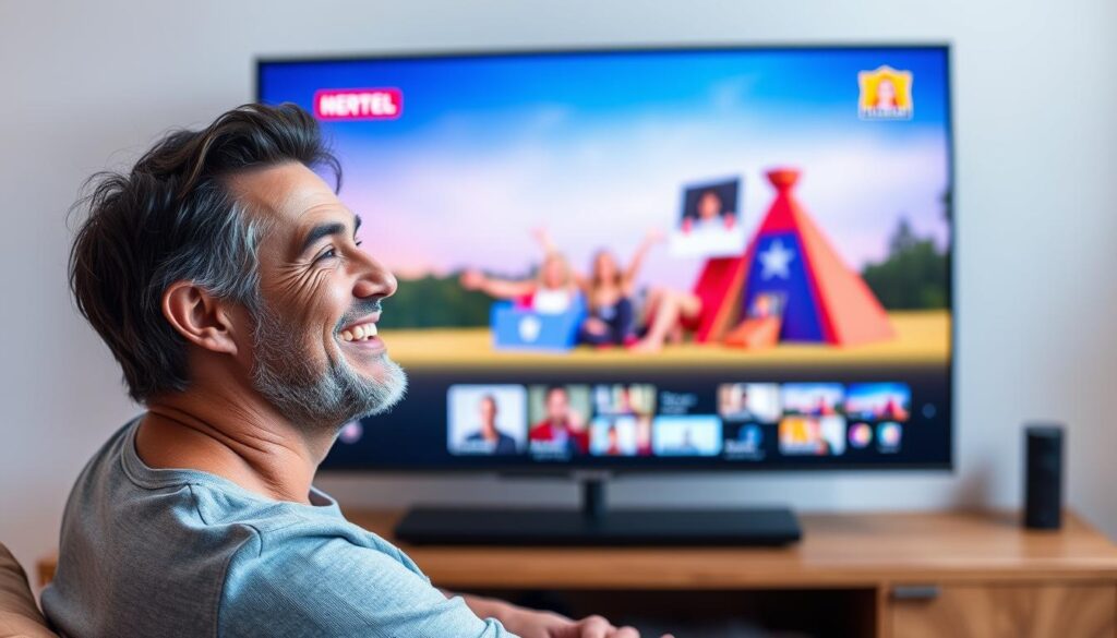 Generate an image of a person enjoying their favorite TV show on ULTRA PREMIUM TV with a satisfied expression.