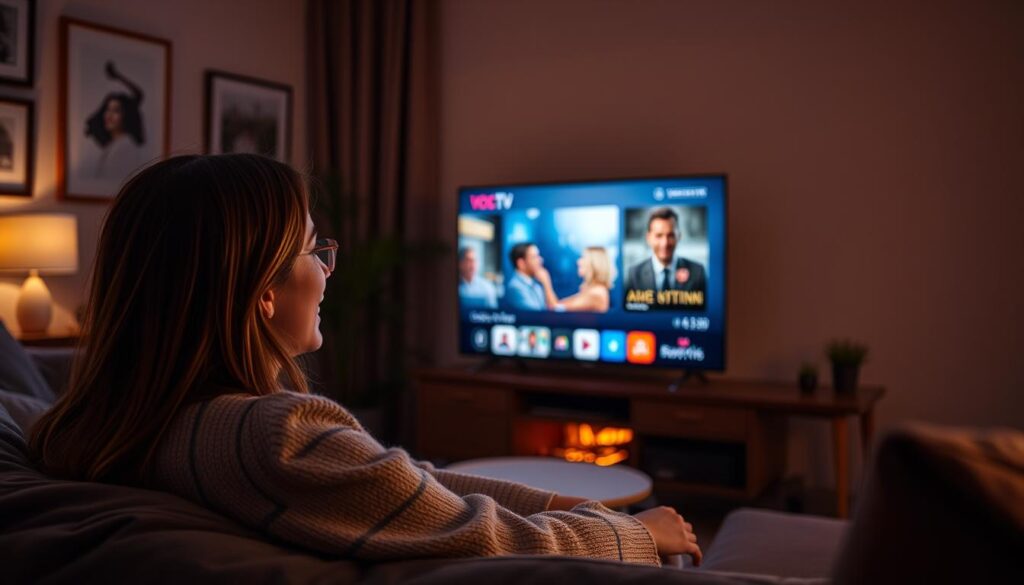 Generate an image of a person enjoying their favorite TV show on VocoTV with a lag-free experience.