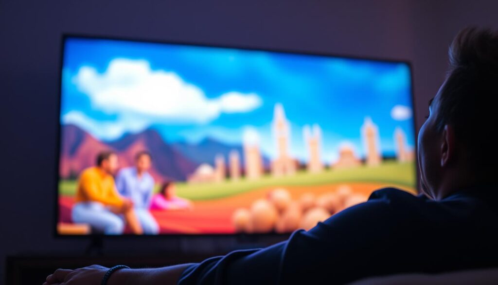 Generate an image of a person enjoying their favorite TV show on a 4K UHD TV with a satisfied expression.