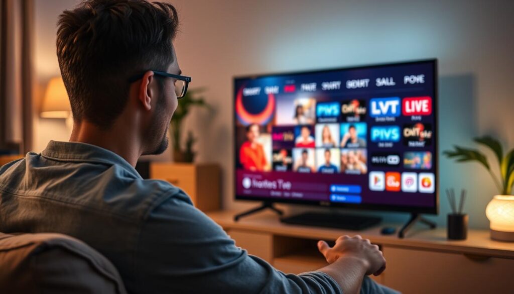 Generate an image of a person enjoying their favorite TV show on a device with a vast channel lineup.