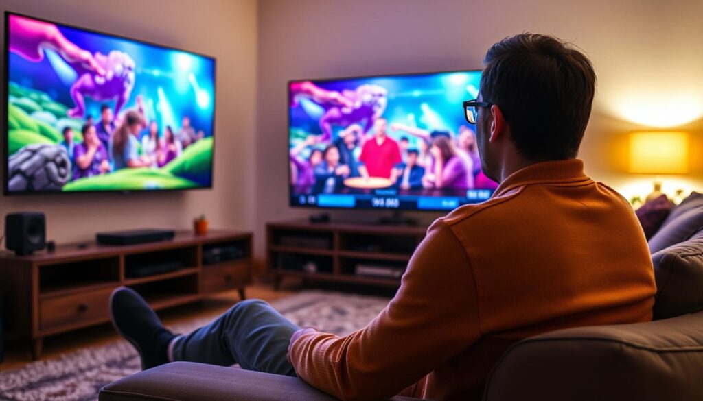 Generate an image of a person enjoying their favorite TV show on a high-definition screen with Loops IPTV.