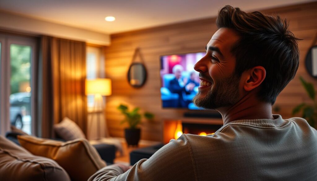 Generate an image of a person enjoying their favorite TV show on a large screen TV, with a satisfied expression, surrounded by a cozy living room atmosphere.