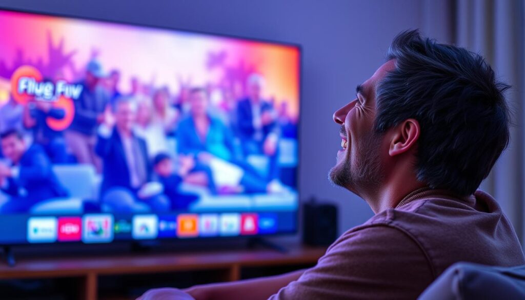 Generate an image of a person enjoying their favorite TV show on a large screen with a satisfied expression, symbolizing the premium IPTV experience.