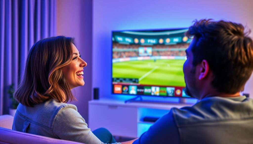 Generate an image of a person enjoying their favorite TV show on a large screen with a satisfied expression, representing the high-quality live streaming experience offered by PROXIPTV.
