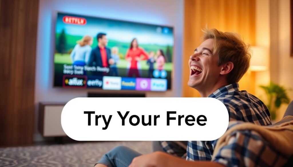 Generate an image of a person enjoying their favorite TV show on a large screen with a "Try for Free" button overlay.