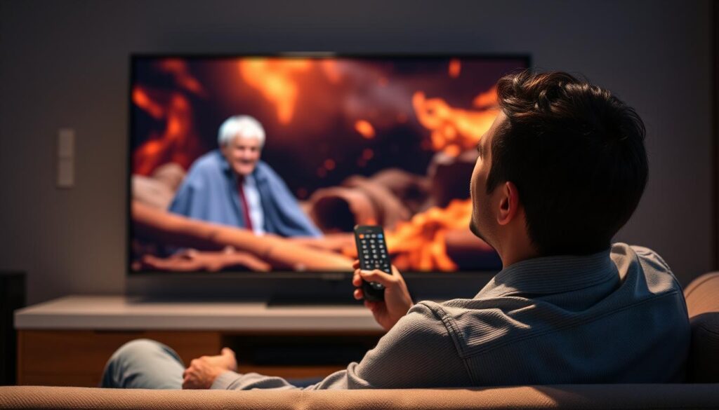 Generate an image of a person enjoying their favorite TV show on a large screen with a sleek remote control in hand, symbolizing the ultimate IPTV experience.